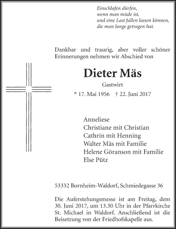 Anzeige von Dieter Mäs von  Schaufenster/Blickpunkt  Schlossbote/Werbekurier 