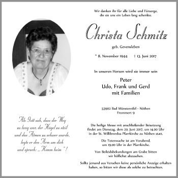 Anzeige von Christa Schmitz von  Blickpunkt Euskirchen 