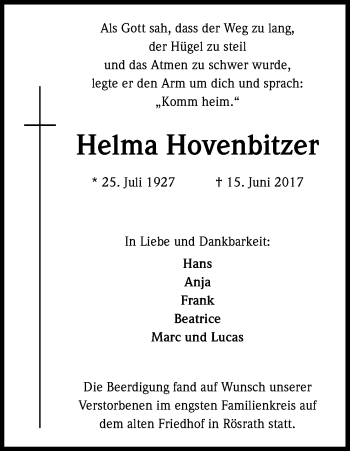 Anzeige von Helma Hovenbitzer von Kölner Stadt-Anzeiger / Kölnische Rundschau / Express