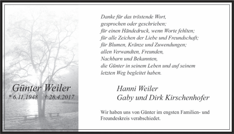  Traueranzeige für Günter Weiler vom 07.06.2017 aus  Wochenende 
