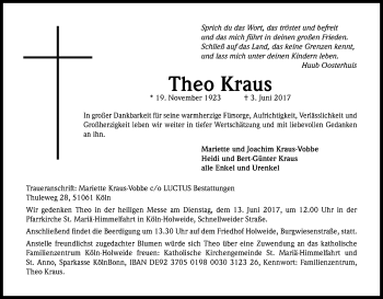 Anzeige von Theo Kraus von Kölner Stadt-Anzeiger / Kölnische Rundschau / Express