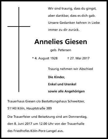 Anzeige von Annelies Giesen von Kölner Stadt-Anzeiger / Kölnische Rundschau / Express