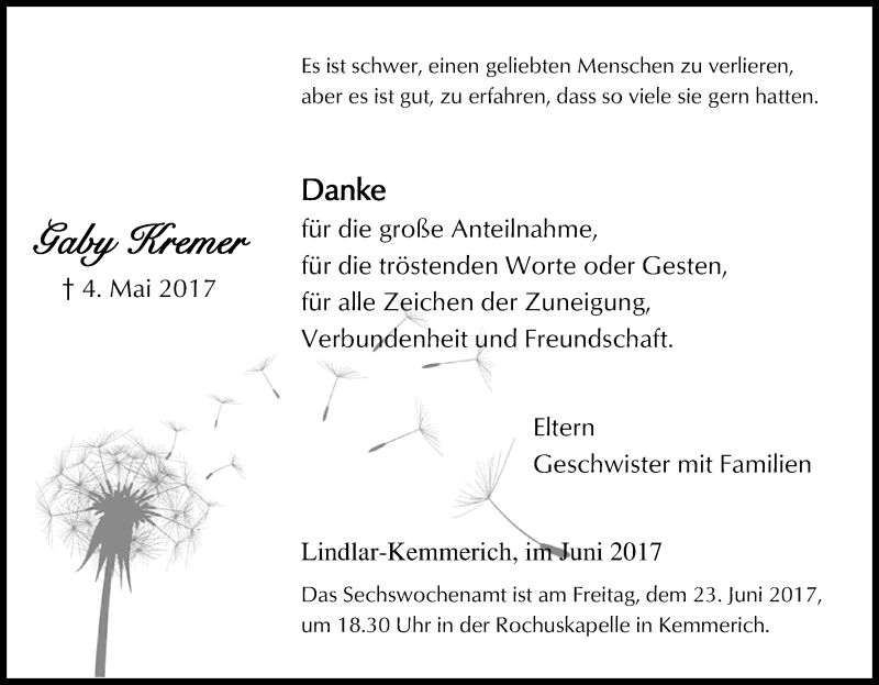  Traueranzeige für Gaby Kremer vom 17.06.2017 aus Kölner Stadt-Anzeiger / Kölnische Rundschau / Express