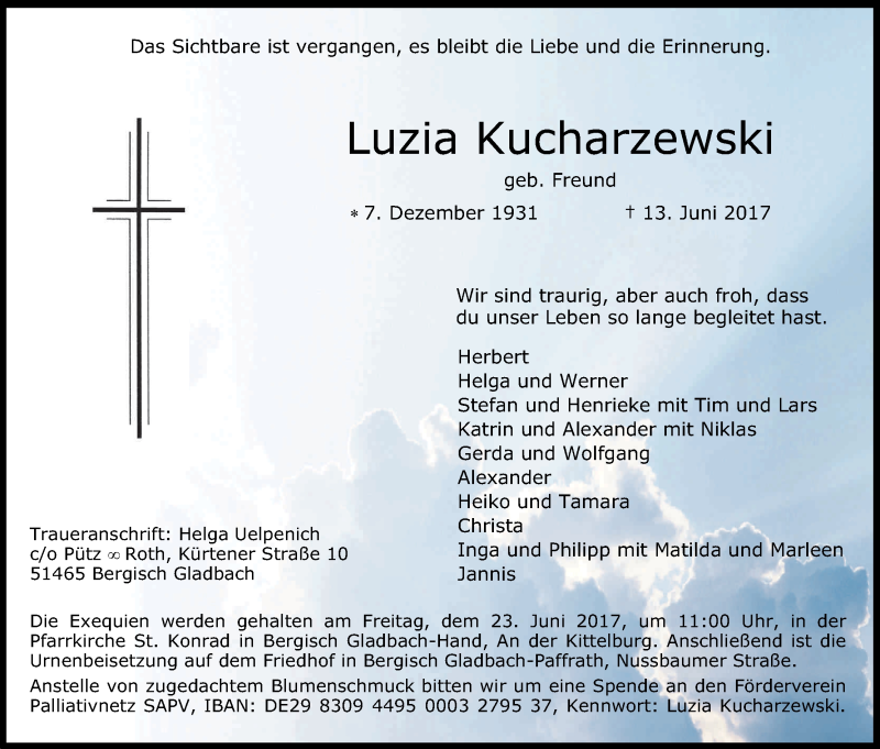  Traueranzeige für Luzia Kucharzewski vom 20.06.2017 aus Kölner Stadt-Anzeiger / Kölnische Rundschau / Express