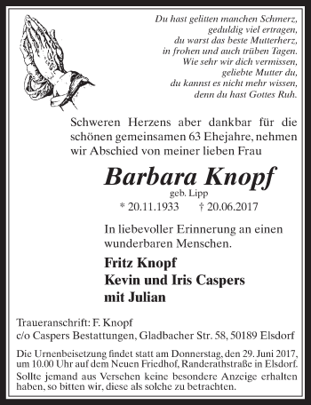 Anzeige von Barbara Knopf von  Sonntags-Post 