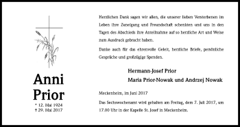 Anzeige von Anni Prior von Kölner Stadt-Anzeiger / Kölnische Rundschau / Express