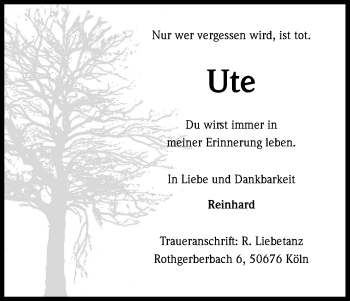 Anzeige von Ute  von Kölner Stadt-Anzeiger / Kölnische Rundschau / Express