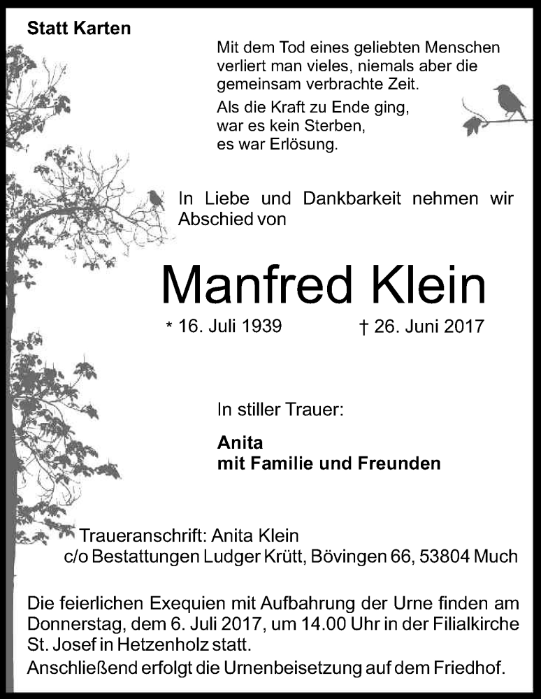  Traueranzeige für Manfred Klein vom 01.07.2017 aus Kölner Stadt-Anzeiger / Kölnische Rundschau / Express