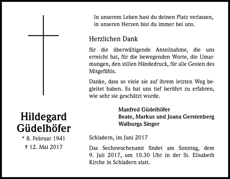  Traueranzeige für Hildegard Güdelhöfer vom 01.07.2017 aus Kölner Stadt-Anzeiger / Kölnische Rundschau / Express