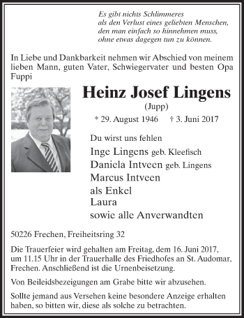 Anzeige von Heinz Josef Lingens von  Sonntags-Post 