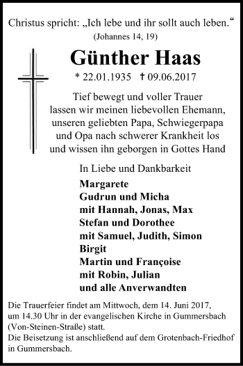 Anzeige von Günther Haas von Kölner Stadt-Anzeiger / Kölnische Rundschau / Express