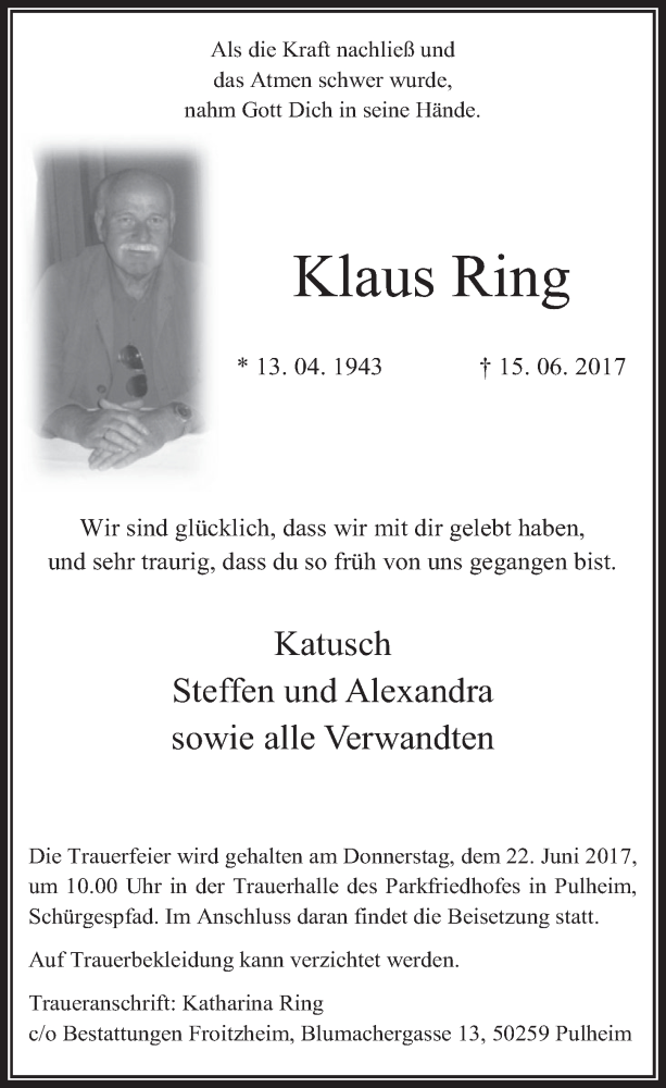  Traueranzeige für Klaus Ring vom 21.06.2017 aus  Wochenende 