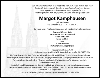 Anzeige von Margot Kamphausen von Kölner Stadt-Anzeiger / Kölnische Rundschau / Express