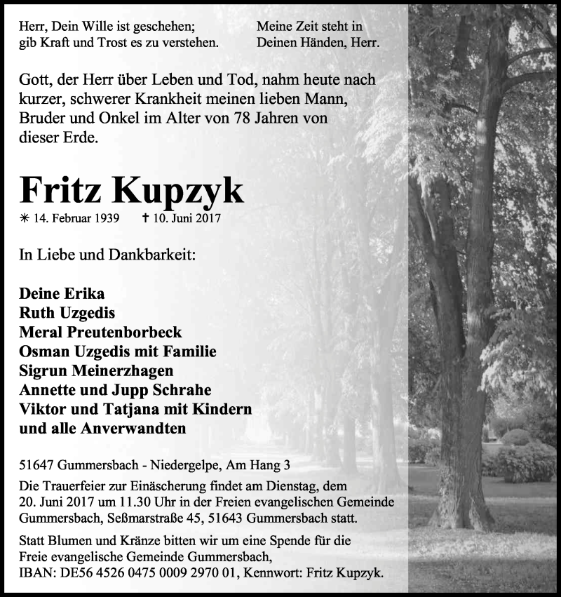  Traueranzeige für Fritz Kupzyk vom 15.06.2017 aus Kölner Stadt-Anzeiger / Kölnische Rundschau / Express