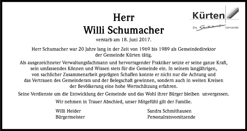 Traueranzeige für Willi Schumacher vom 28.06.2017 aus Kölner Stadt-Anzeiger / Kölnische Rundschau / Express