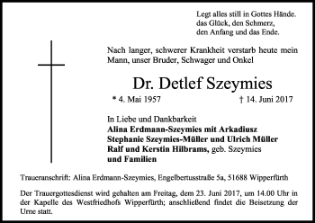 Anzeige von Detlef Szeymies von Kölner Stadt-Anzeiger / Kölnische Rundschau / Express