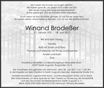 Anzeige von Winand Brodeßer von Kölner Stadt-Anzeiger / Kölnische Rundschau / Express