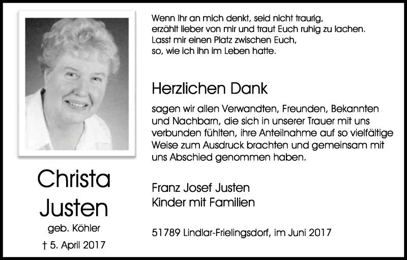  Traueranzeige für Christa Justen vom 24.06.2017 aus Kölner Stadt-Anzeiger / Kölnische Rundschau / Express