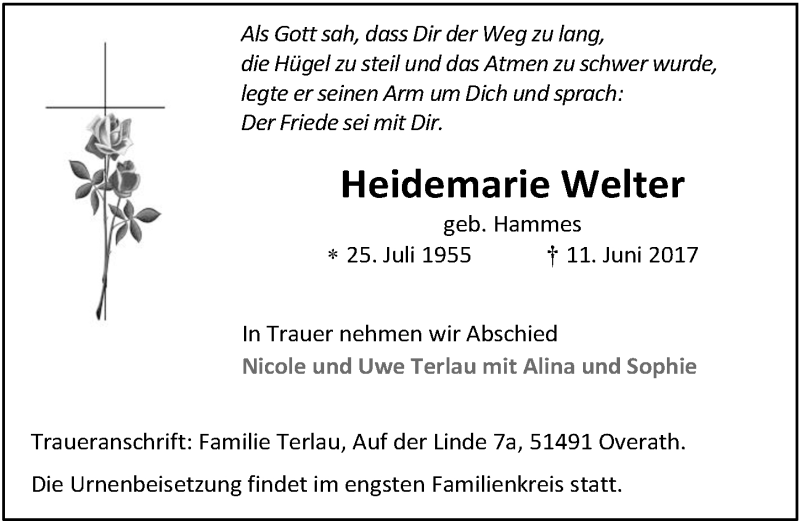  Traueranzeige für Heidemarie Welter vom 17.06.2017 aus  Bergisches Sonntagsblatt 