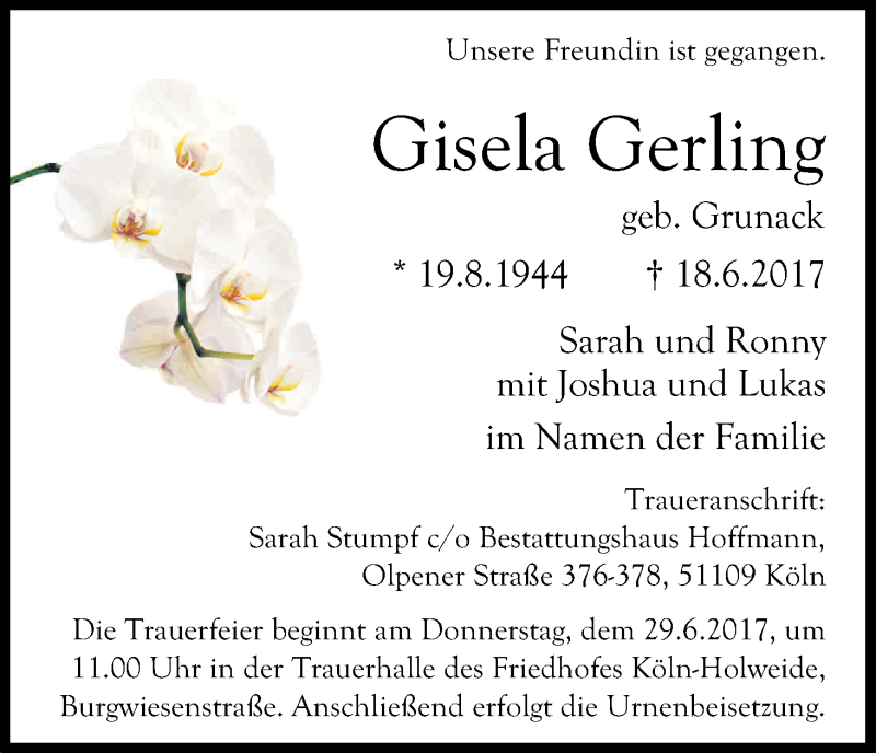  Traueranzeige für Gisela Gerling vom 24.06.2017 aus Kölner Stadt-Anzeiger / Kölnische Rundschau / Express