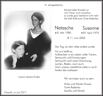 Anzeige von Natascha/Susanne  von  Bergisches Handelsblatt 