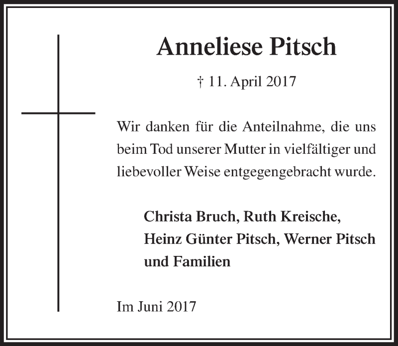  Traueranzeige für Anneliese Pitsch vom 07.06.2017 aus  Lokalanzeiger 