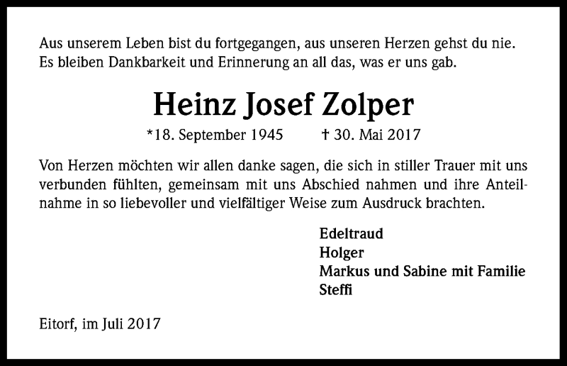  Traueranzeige für Heinz Josef Zolper vom 01.07.2017 aus Kölner Stadt-Anzeiger / Kölnische Rundschau / Express