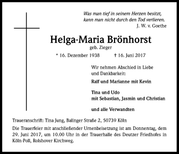 Anzeige von Helga-Maria Brönhorst von Kölner Stadt-Anzeiger / Kölnische Rundschau / Express