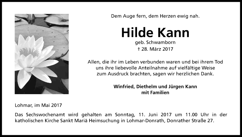 Traueranzeige für Hilde Kann vom 03.06.2017 aus Kölner Stadt-Anzeiger / Kölnische Rundschau / Express