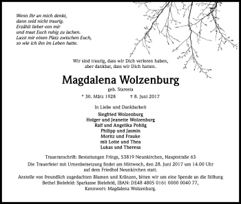 Anzeige von Magdalena Wolzenburg von Kölner Stadt-Anzeiger / Kölnische Rundschau / Express