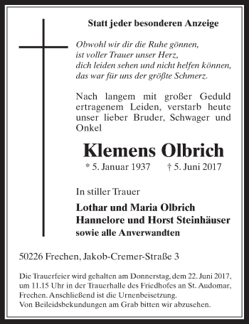 Anzeige von Klemens Olbrich von  Wochenende 