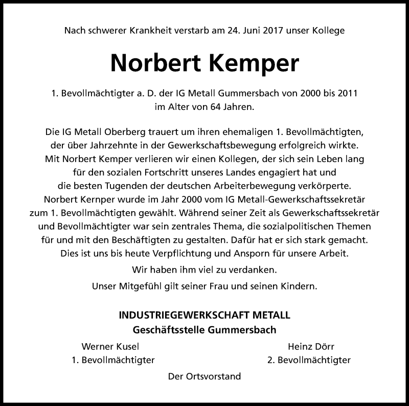  Traueranzeige für Norbert Kemper vom 30.06.2017 aus Kölner Stadt-Anzeiger / Kölnische Rundschau / Express