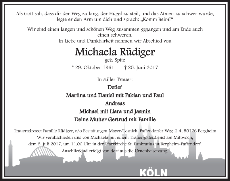  Traueranzeige für Michaela Rüdiger vom 01.07.2017 aus  Sonntags-Post 