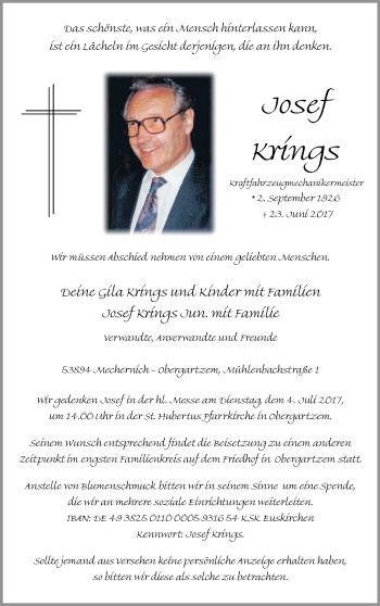 Anzeige von Josef Krings von Kölner Stadt-Anzeiger / Kölnische Rundschau / Express