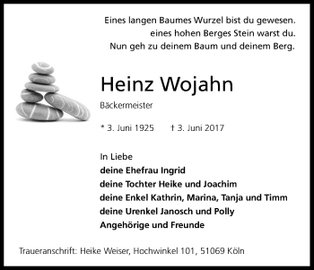Anzeige von Heinz Wojahn von Kölner Stadt-Anzeiger / Kölnische Rundschau / Express