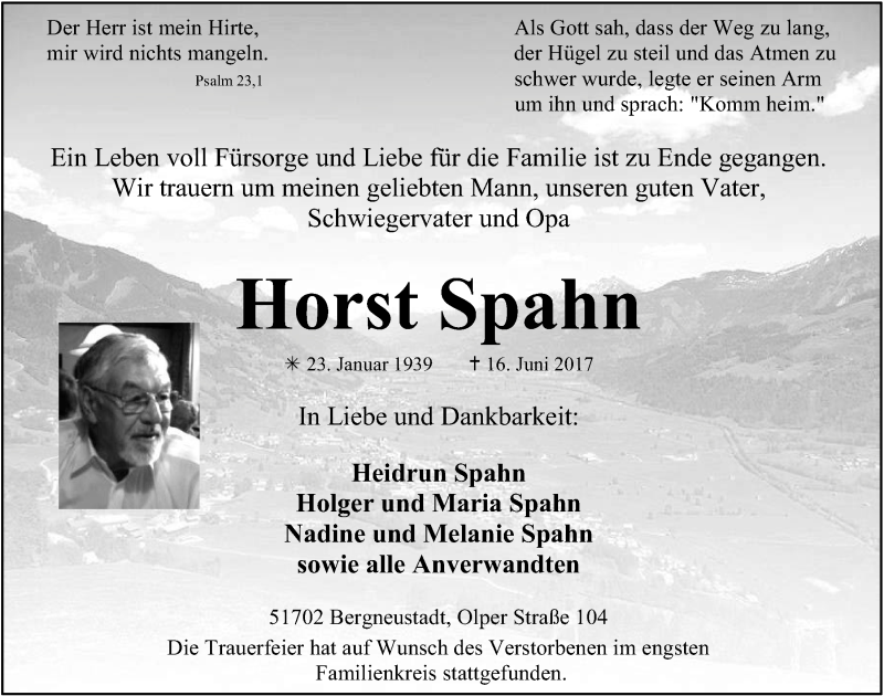  Traueranzeige für Horst Spahn vom 28.06.2017 aus  Anzeigen Echo 