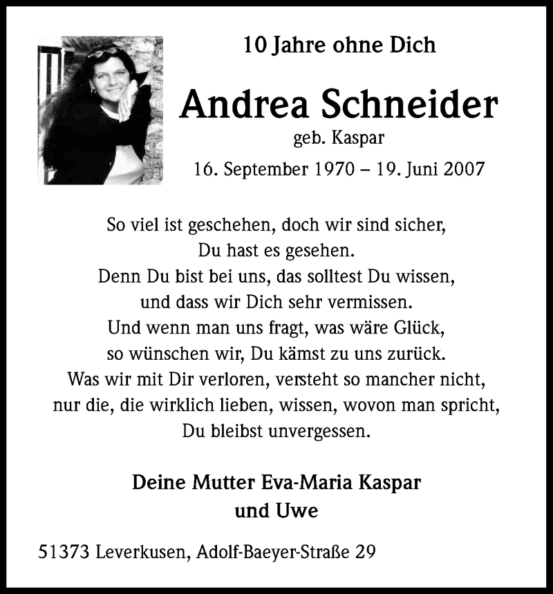  Traueranzeige für Andrea Schneider vom 19.06.2017 aus Kölner Stadt-Anzeiger / Kölnische Rundschau / Express