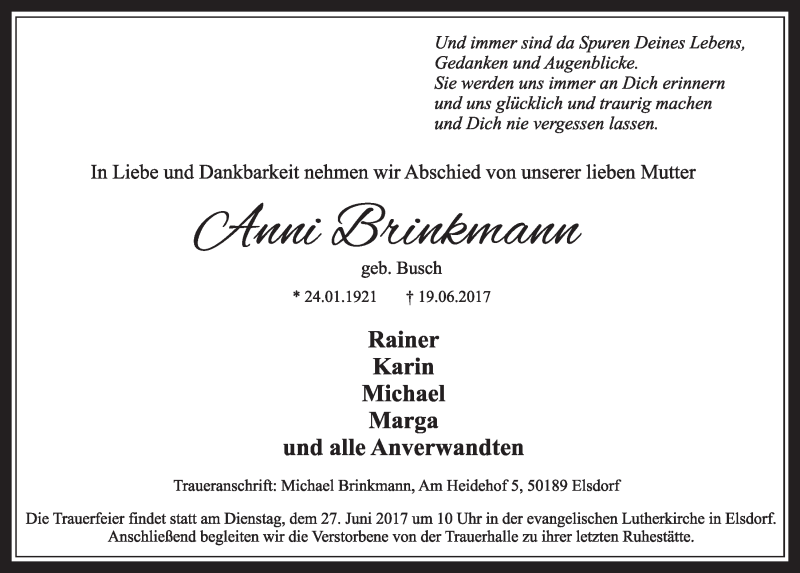  Traueranzeige für Anni Brinkmann vom 24.06.2017 aus  Sonntags-Post 