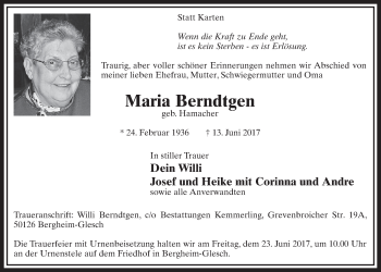 Anzeige von Maria Berndtgen von  Sonntags-Post 