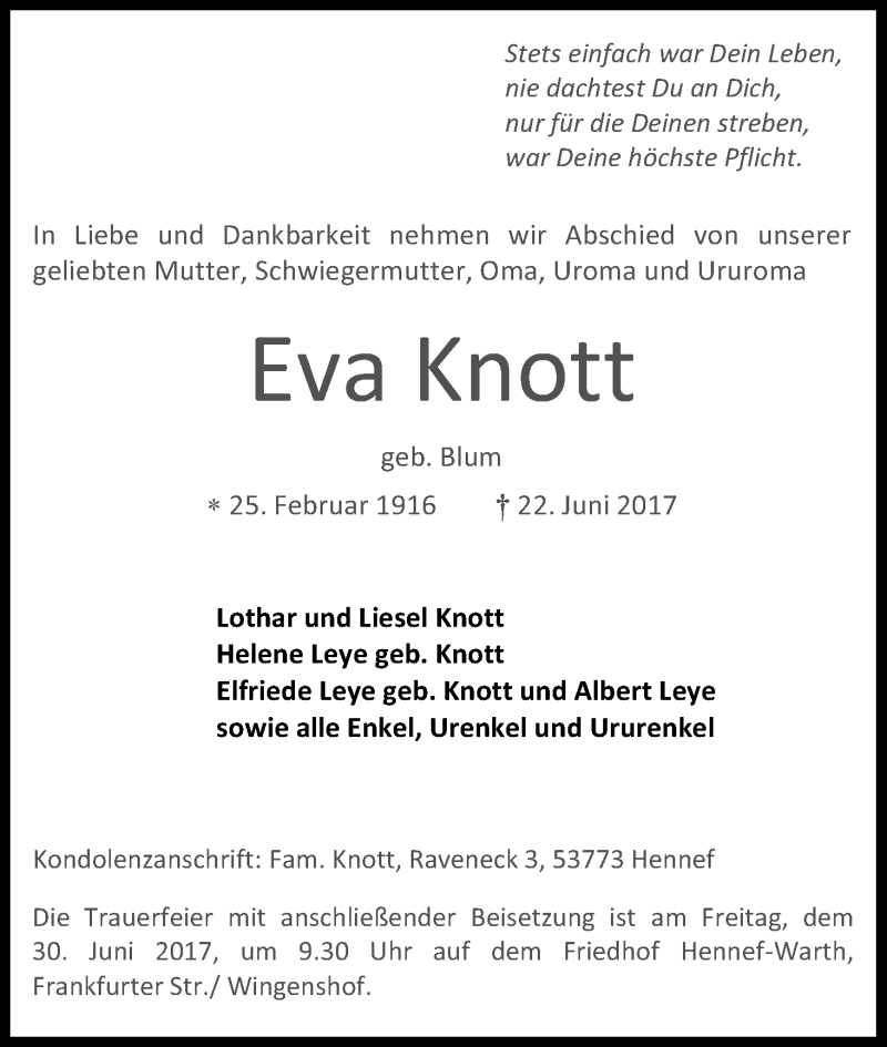  Traueranzeige für Eva Knott vom 26.06.2017 aus Kölner Stadt-Anzeiger / Kölnische Rundschau / Express