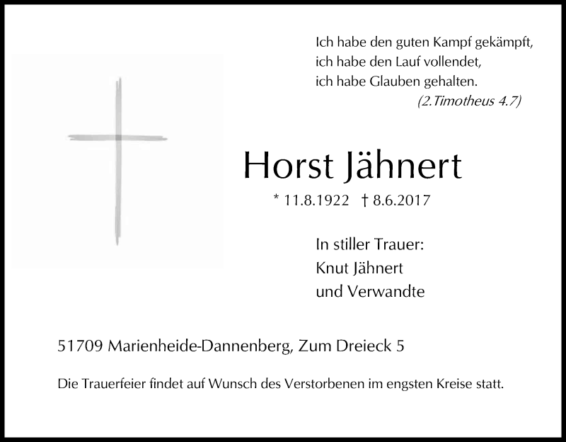  Traueranzeige für Horst Jähnert vom 10.06.2017 aus Kölner Stadt-Anzeiger / Kölnische Rundschau / Express