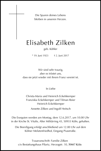 Anzeige von Elisabeth Zilken von Kölner Stadt-Anzeiger / Kölnische Rundschau / Express