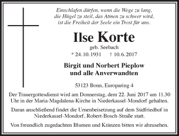 Anzeige von Ilse Korte von  Schaufenster/Blickpunkt 