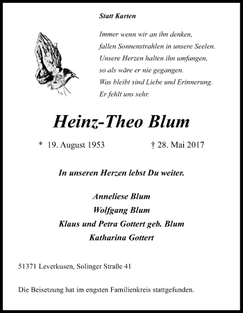Anzeige von Heinz-Theo Blum von Kölner Stadt-Anzeiger / Kölnische Rundschau / Express