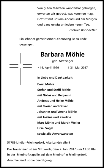 Anzeige von Barbara Möhle von Kölner Stadt-Anzeiger / Kölnische Rundschau / Express