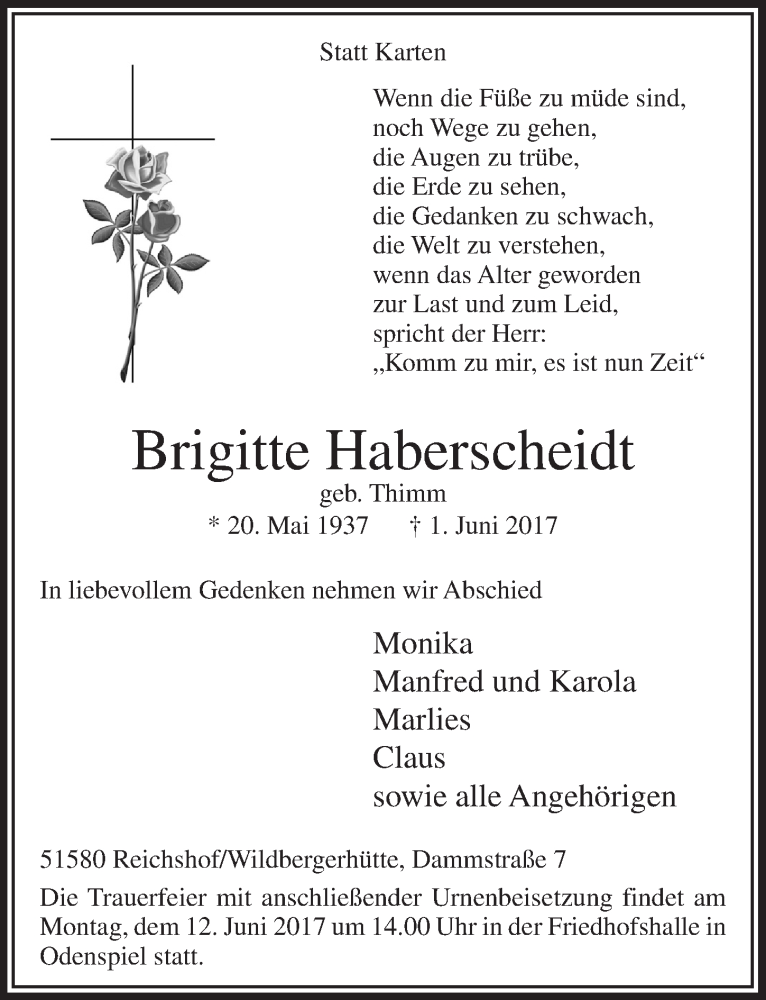  Traueranzeige für Brigitte Haberscheidt vom 07.06.2017 aus  Anzeigen Echo  Lokalanzeiger 