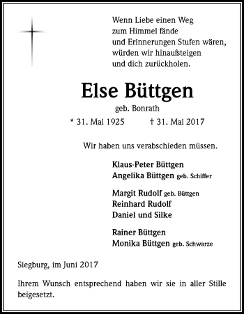 Anzeige von Else Büttgen von Kölner Stadt-Anzeiger / Kölnische Rundschau / Express