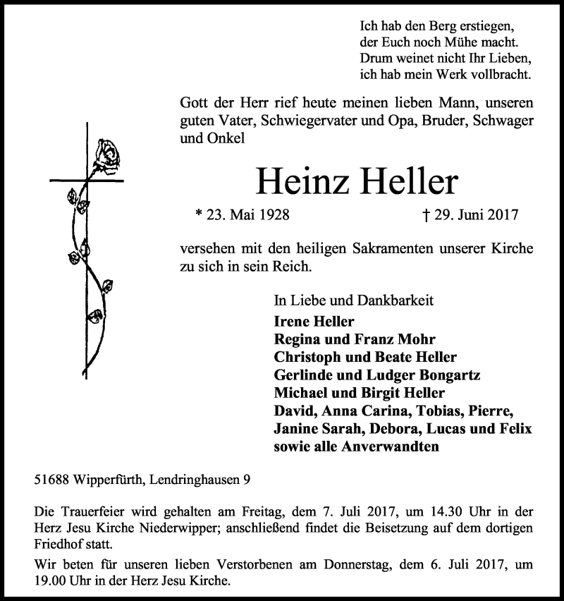  Traueranzeige für Heinz Heller vom 01.07.2017 aus Kölner Stadt-Anzeiger / Kölnische Rundschau / Express