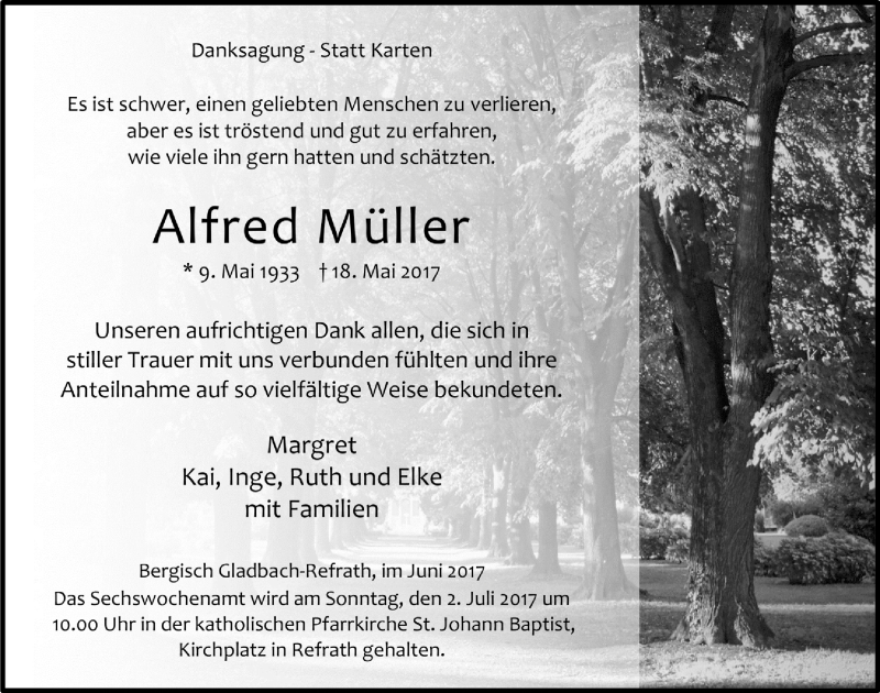  Traueranzeige für Alfred Müller vom 28.06.2017 aus  Bergisches Handelsblatt 