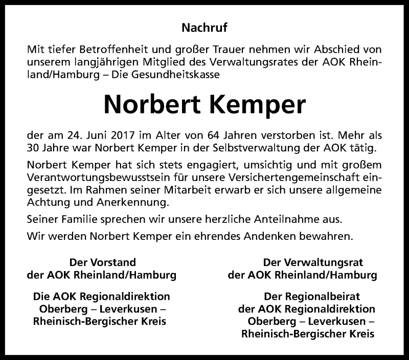  Traueranzeige für Norbert Kemper vom 29.06.2017 aus Kölner Stadt-Anzeiger / Kölnische Rundschau / Express